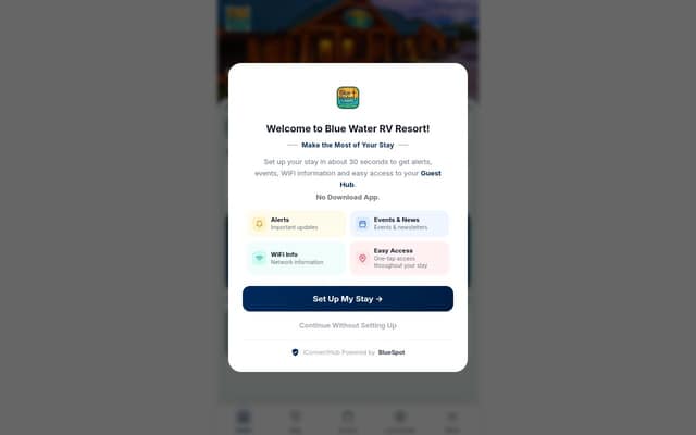 Blue Water RV Resort Guest Hub homepage